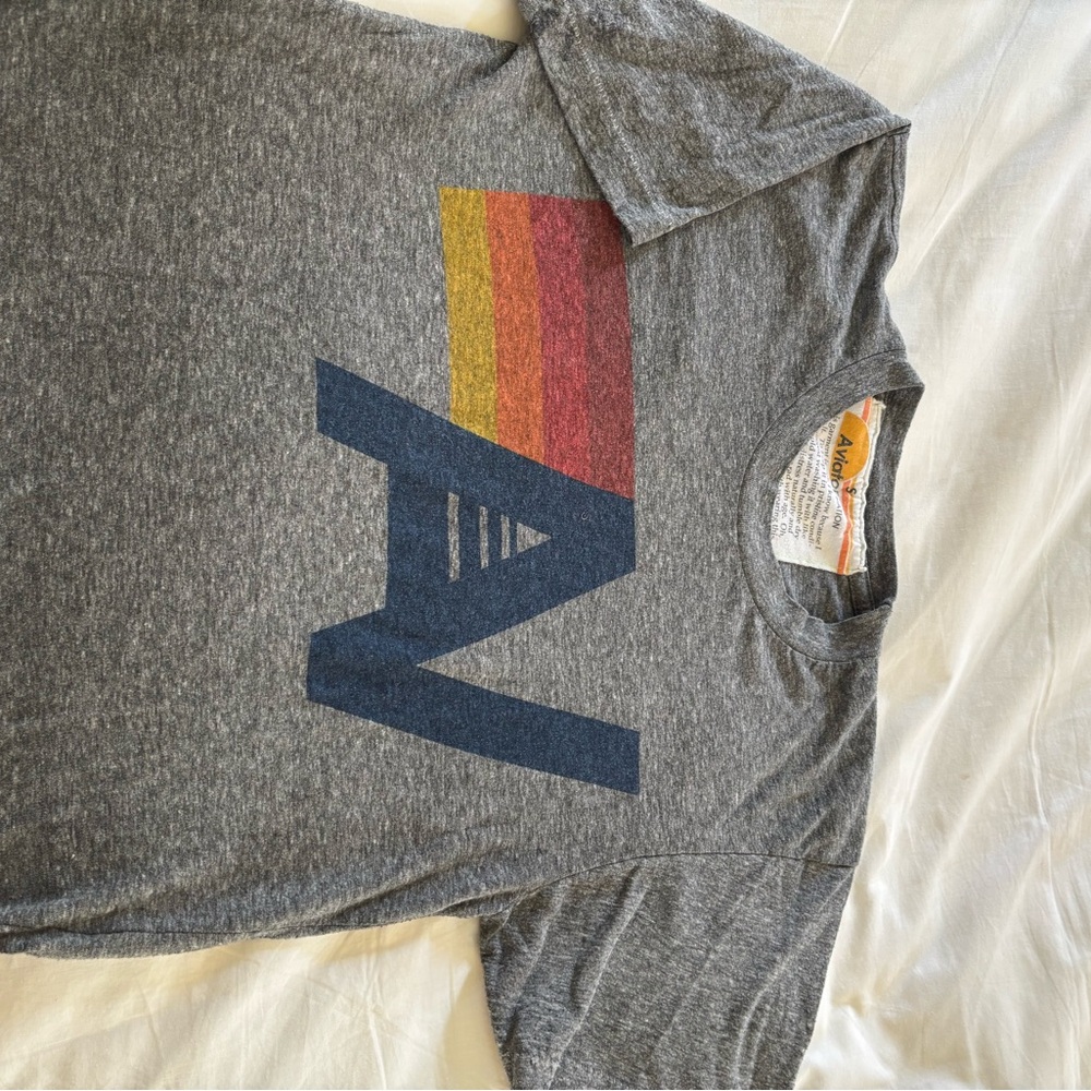 Aviator Nation Gray Short Sleeve Tee with Navy Logo and Sunset Stripes